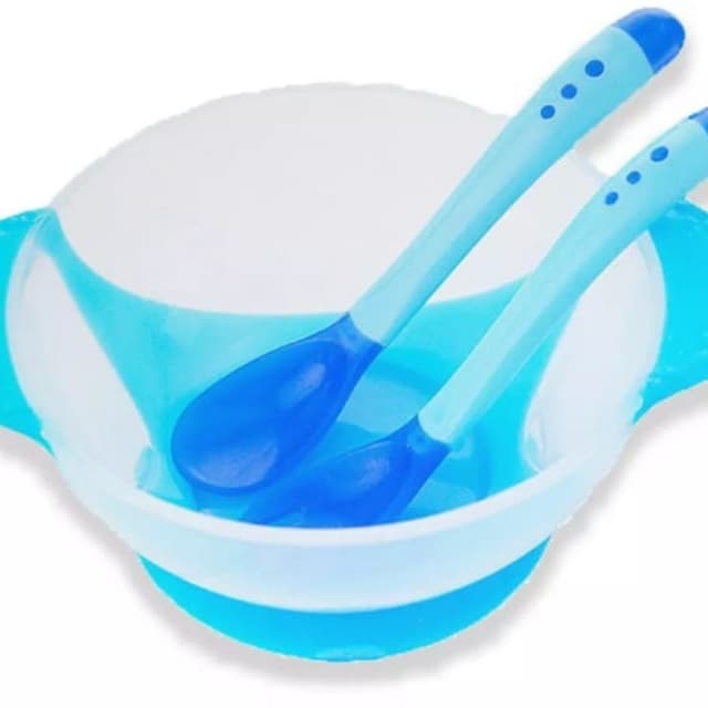 Baby bowl set with temperature sensing spoon and fork