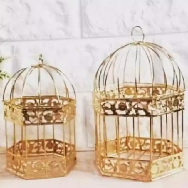 Pack of 2 gold metal birdcage for drawing room decor hanging